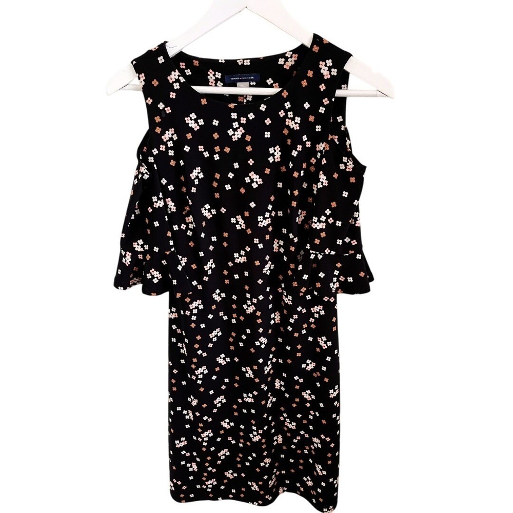 Tommy Hilfiger Women's Sz 2 Black Floral Crepe Flutter Sleeve Blouse Round Neck